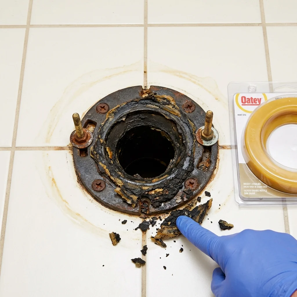 Failed wax ring showing water seepage at the base of a toilet in a Benton, AR home